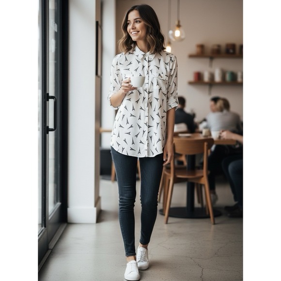 Karl Lagerfeld Tops - Karl Lagerfeld White Long Sleeve Button-Up Shirt Black Eiffel Tower Print